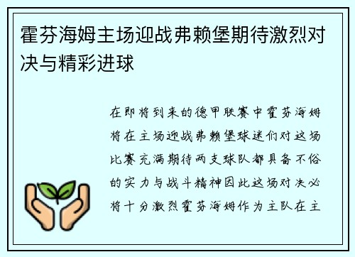 霍芬海姆主场迎战弗赖堡期待激烈对决与精彩进球